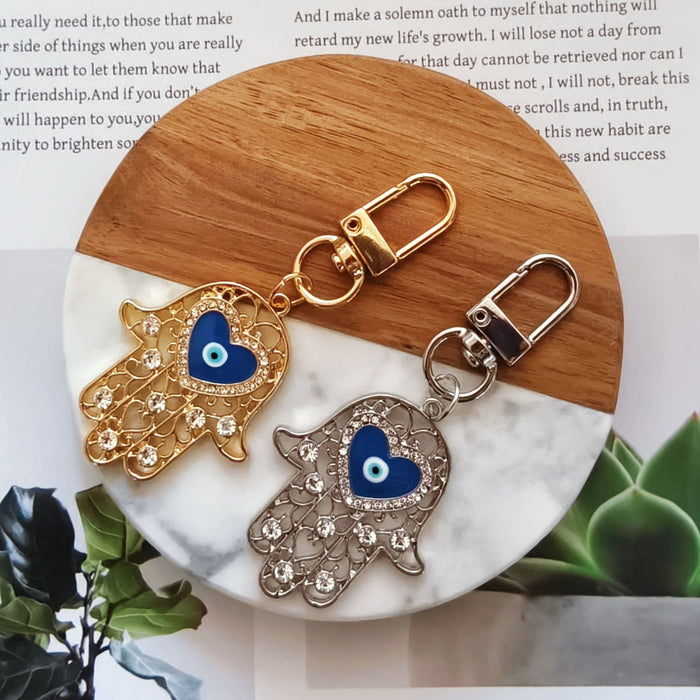 Hamsa Hand Evil Eye Keychain Rhinestone Heart 2 Tones