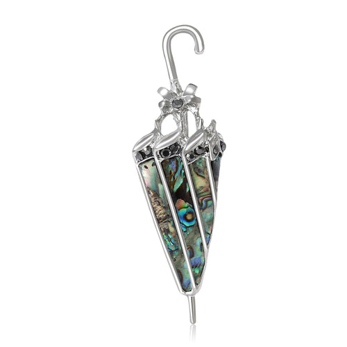Front silver umbrella brooch with abalone shell canopy panels