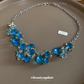Blue Floral Cluster Statement Necklace in Silver Tone view 2