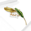 Gold and Green Double Leaf Brooch With White Pearl Spray view 4