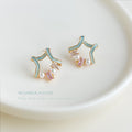 Gold Mint Enamel Open Star Stud Earrings Pink CZ Pearl view 4