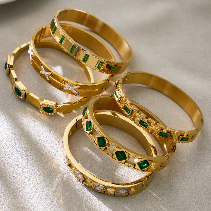 Gold Stainless Steel Hinge Bangles Geometric Glass Or Zircon