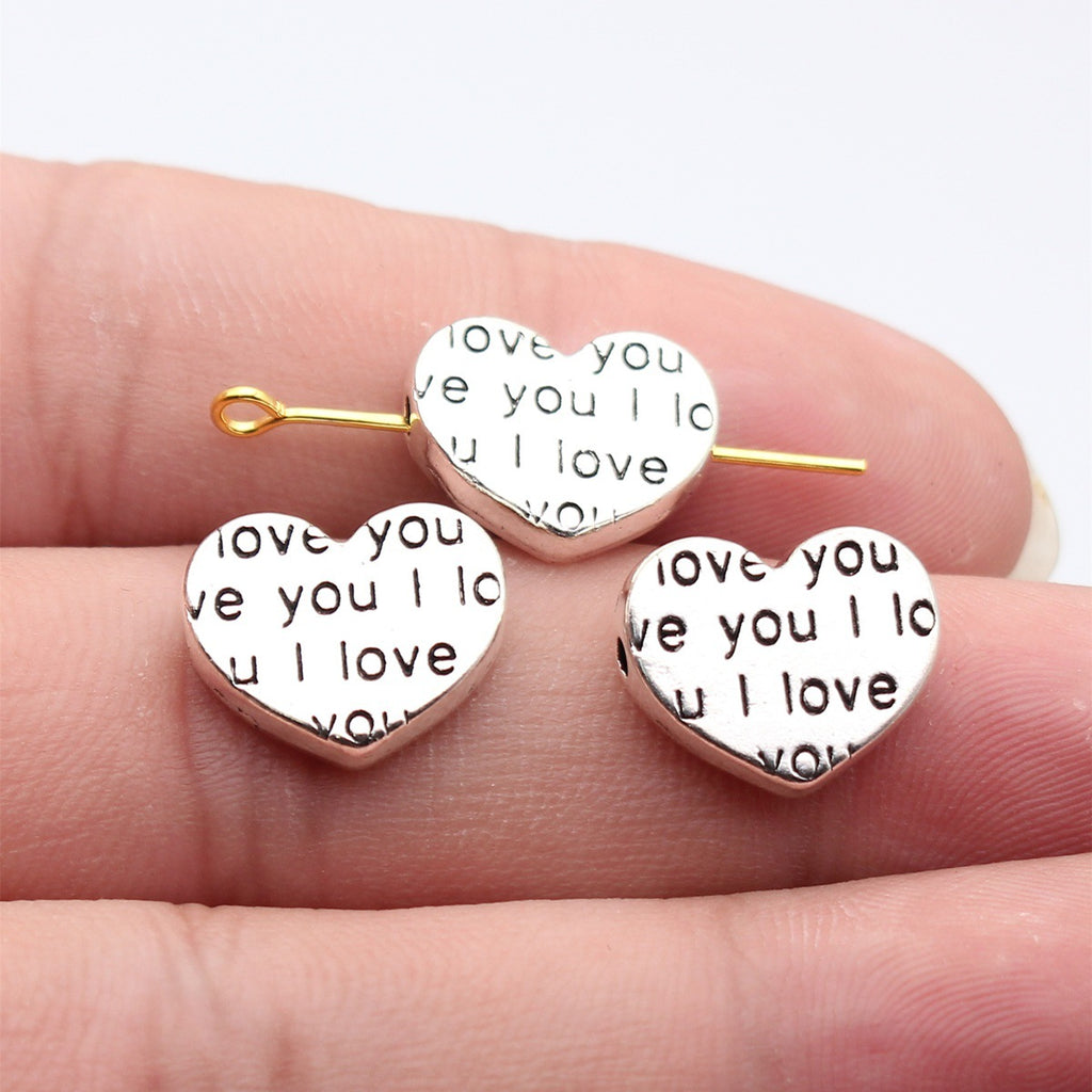 15x13mm 1.5g Antique Silver Zinc Alloy I LOVE YOU Heart Loose Metal Double Sided Beads for Bracelet Necklace DIY