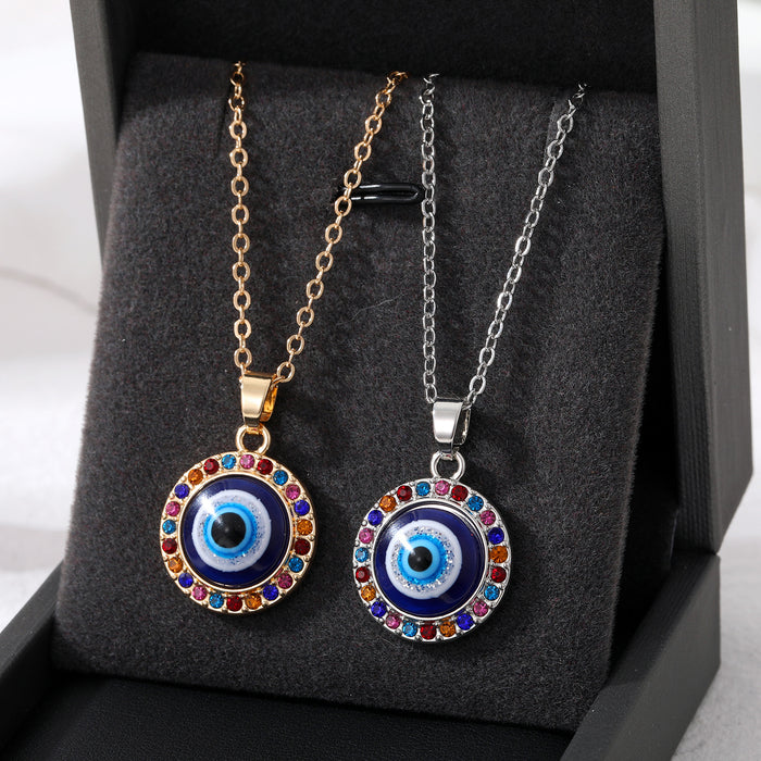 Gold and Silver Tone Crystal Rim Evil Eye Pendant Necklaces