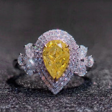 Silver Yellow Pear Halo Flower Cubic Zirconia Cocktail Ring