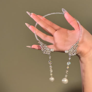 Silver-Tone Crystal Bow and Pearl Collar Necklace Decorative Jewelry Accessory