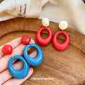 Glossy Red and Blue Open Oval Statement Drop Stud Earrings view 1