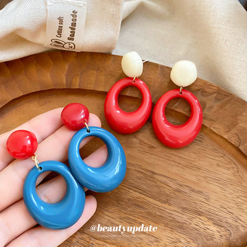 Glossy Red and Blue Open Oval Statement Drop Stud Earrings