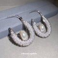 Silver Mesh Hoop Earrings with Pearl Centers with Polished Metal Details view 2