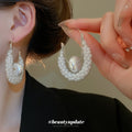 White Mesh Hoop Stud Earrings with Large Pearl Centers view 2