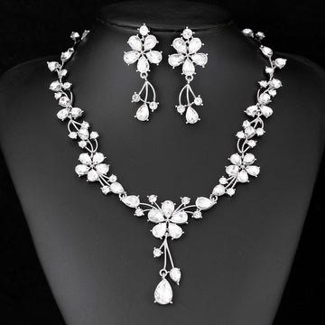 Black Silver Tone Crystal Flower Garland Two Designs Metal Necklace and Earring Set