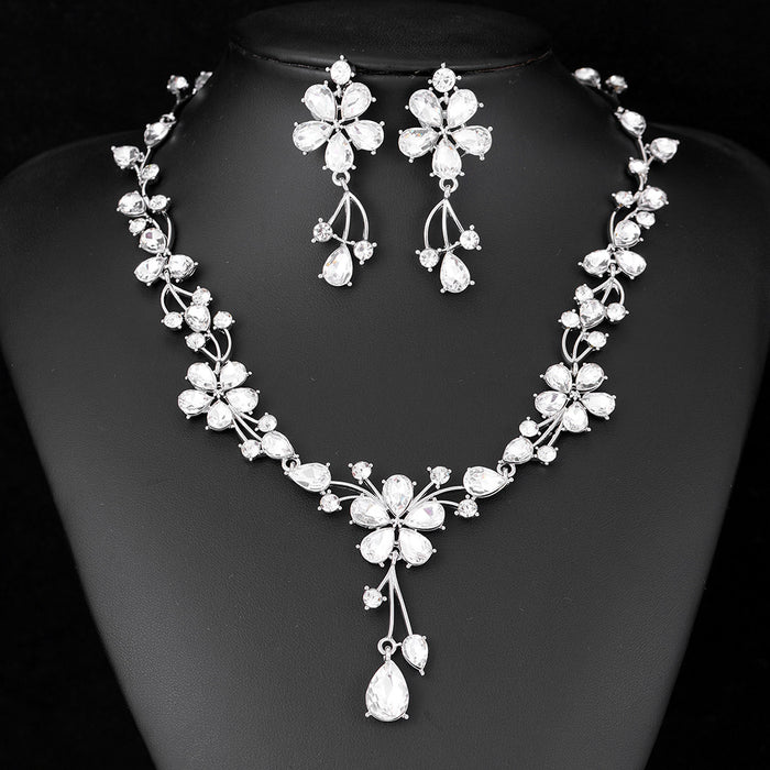 Black Silver Tone Crystal Flower Garland Two Designs Metal Necklace and Earring Set