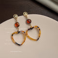 Gold Amber Bead Tortoise Heart Hoop Drop Earrings Matching Pair view 1