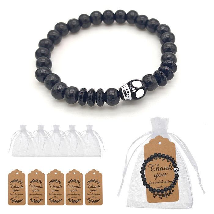 Black Wood Bead Single Skull Focal Stretch Bracelet