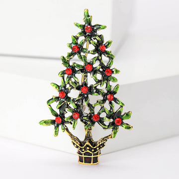Green Enamel Christmas Tree Brooch Red Crystal Accents