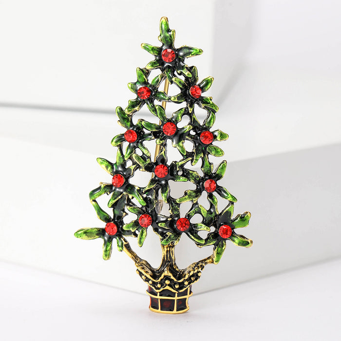 Green Enamel Christmas Tree Brooch Red Crystal Accents