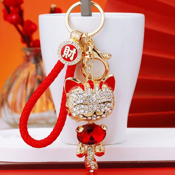 Jeweled Lucky Cat Keychains with Braided and Bare Wrist Loop Options