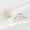 Gold Leaf Branch Imitation Pearl Stud Earrings Pair view 3