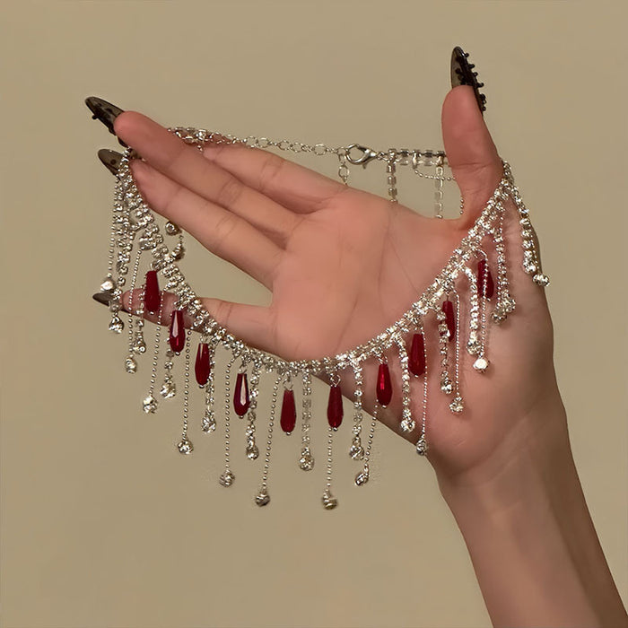 Red Teardrop Crystal and Silver Tone Fringe Choker Necklace