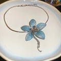 Ice Blue Fabric Mesh Flower Necklace Silver Snake Chain view 6