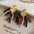 Gold Leaf Multicolor Beaded Tassel Stud Earrings Statement Jewelry view 2