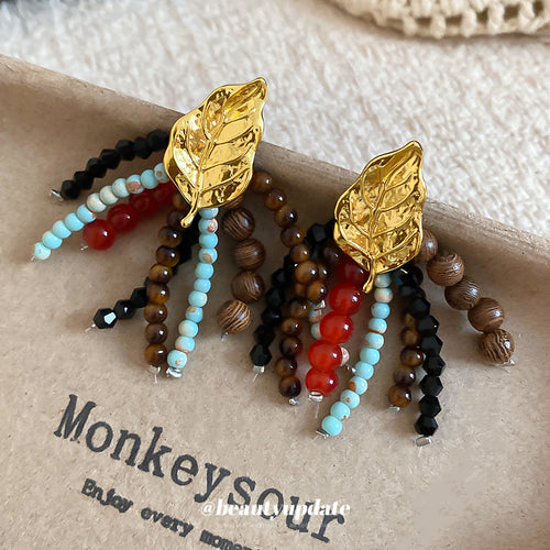 Gold Leaf Multicolor Beaded Tassel Stud Earrings displayed from a second angle