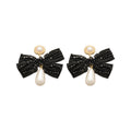 Black Bow Pearl Drop Earrings With Crystal Stud Tops view 5