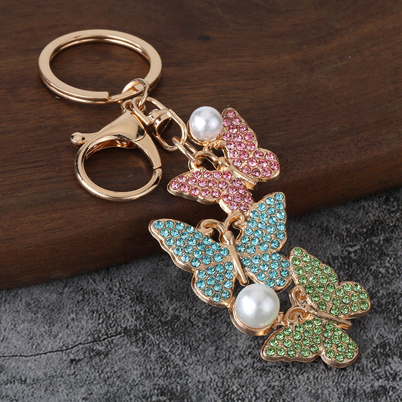 Pearl Butterfly Rhinestone Keychain Metal Car Key Ring Bag Charm