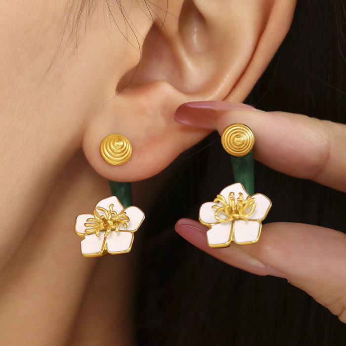 Steel Green C-Curve White Enamel Flower Drop Earrings