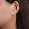 Silver Tone Pearl Stud Earrings CZ Flower Swirl Halo view 3