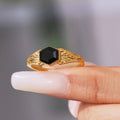 Black Natural Stone Hexagonal Ring in Gold Tone Sizes Six to Eight view 2