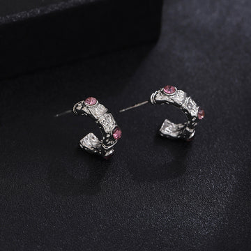 Silver Tone Irregular C Hoop Pink Accent Stud Earrings