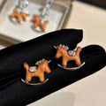 Brown Resin Rocking Horse Stud Earrings with Clear Accents view 4