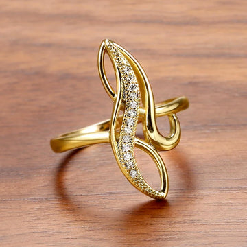 Gold Openwork Curved Wave Pavé Clear CZ Statement Fashion Ring