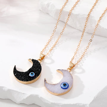 Gold Tone Crescent Moon Blue Evil Eye Pendant Necklaces
