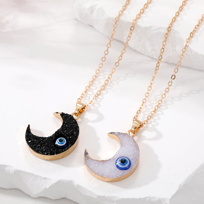 Gold Tone Druzy Crescent Moon Blue Evil Eye Pendant Necklaces