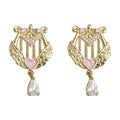 Gold Winged Lyre Drop Earrings Pink Heart Teardrop Zircon view 5