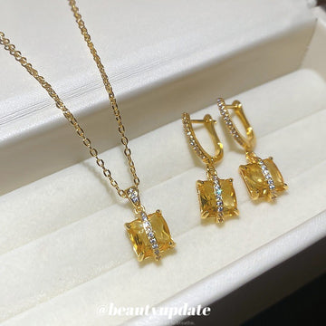 Gold Yellow Square Crystal Pendant Necklace Drop Earrings