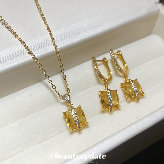 Gold Yellow Square Crystal Pendant Necklace Drop Earrings