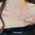 Gold Pearl Square Halo Necklace And Stud Earring Set view 1
