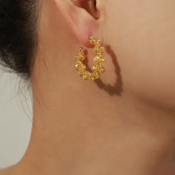 Gold Beaded C-Hoop Earrings Twisted Faceted Ball Chain