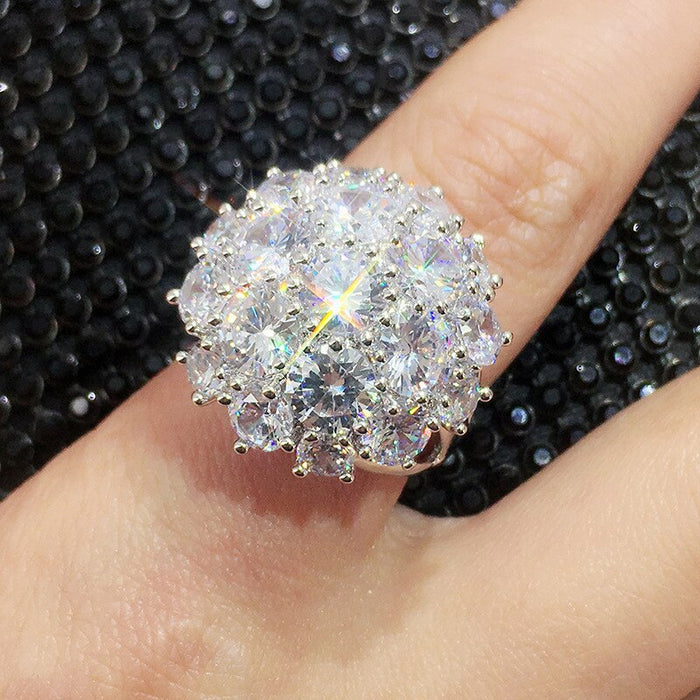 Oversized Round Floral Cluster Statement Ring In Silver Tone