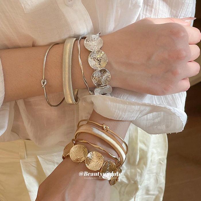 Irregular Disc Coil Twist Metal Open Bangle Set 4 Pcs 2 Tones