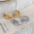 Ribbed Fan Wave Geometric Stud Earrings Gold Silver Pair view 3