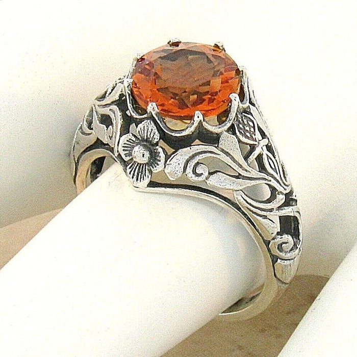 Antique Silver Floral Ring Orange Round Center Stone Metal