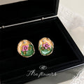 Gold-Tone Enamel Pink Flower Organic Oval Stud Earrings view 3