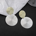 Gold Silver Textured Woven Disc Drop Earrings Two Tone view 1
