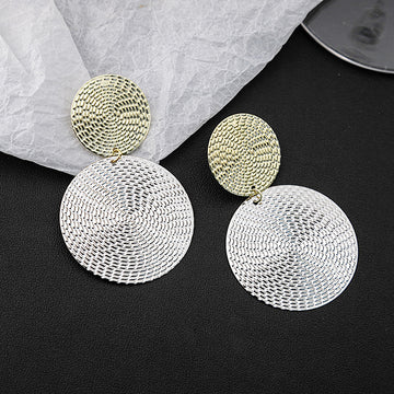 Gold Silver Textured Woven Disc Drop Earrings Two Tone