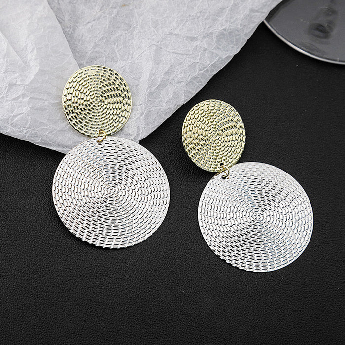 Gold Silver Textured Woven Disc Drop Earrings Two Tone