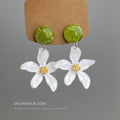 Green Resin Stud White Flower Drop Earrings Gold Center view 4